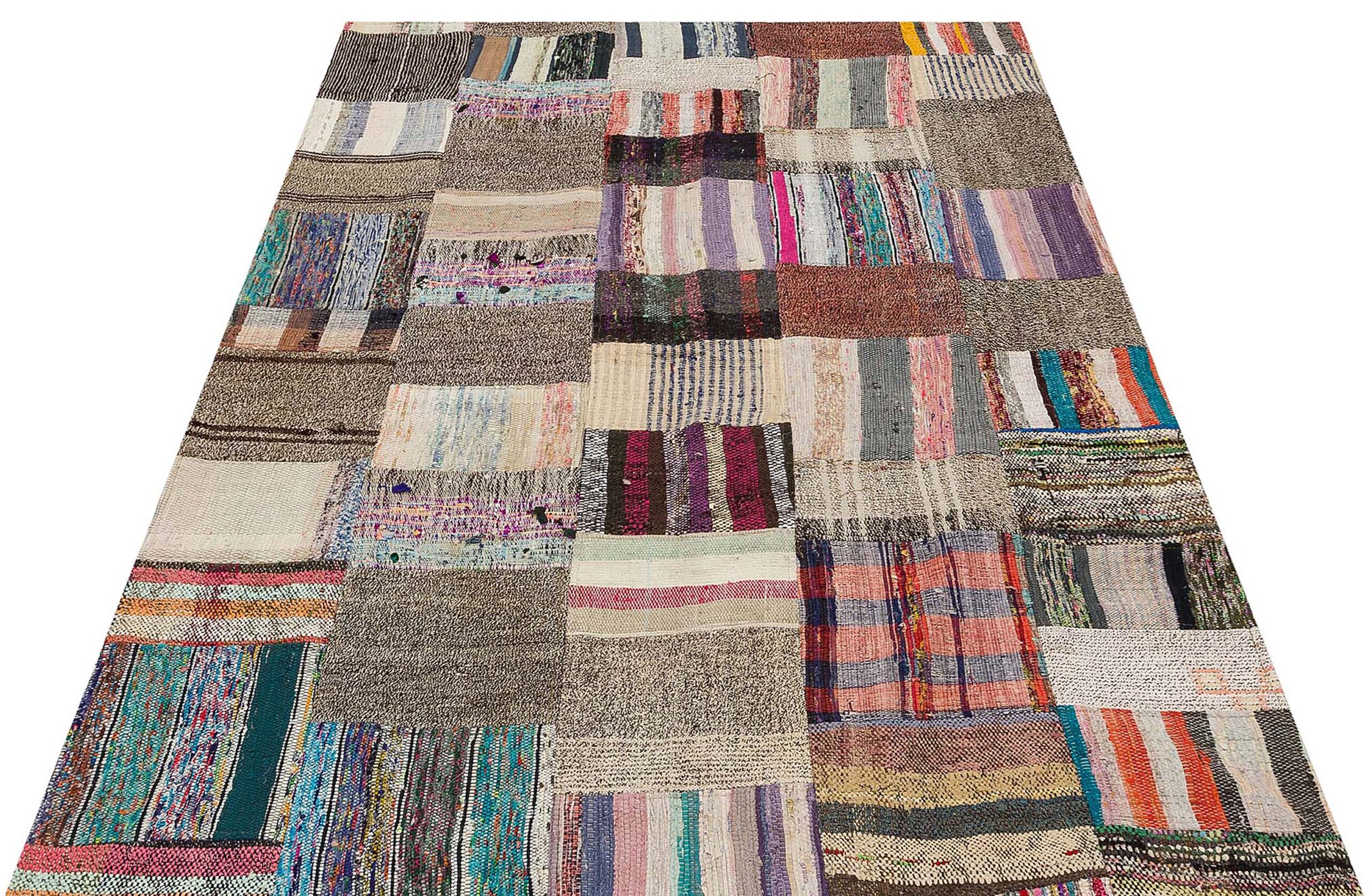 Patchwork Distressed Hand-Woven Rug, vintage rug, Handmade, hand-knotted wool, cotton & silk, size 141 × 196 cm, from Hereke