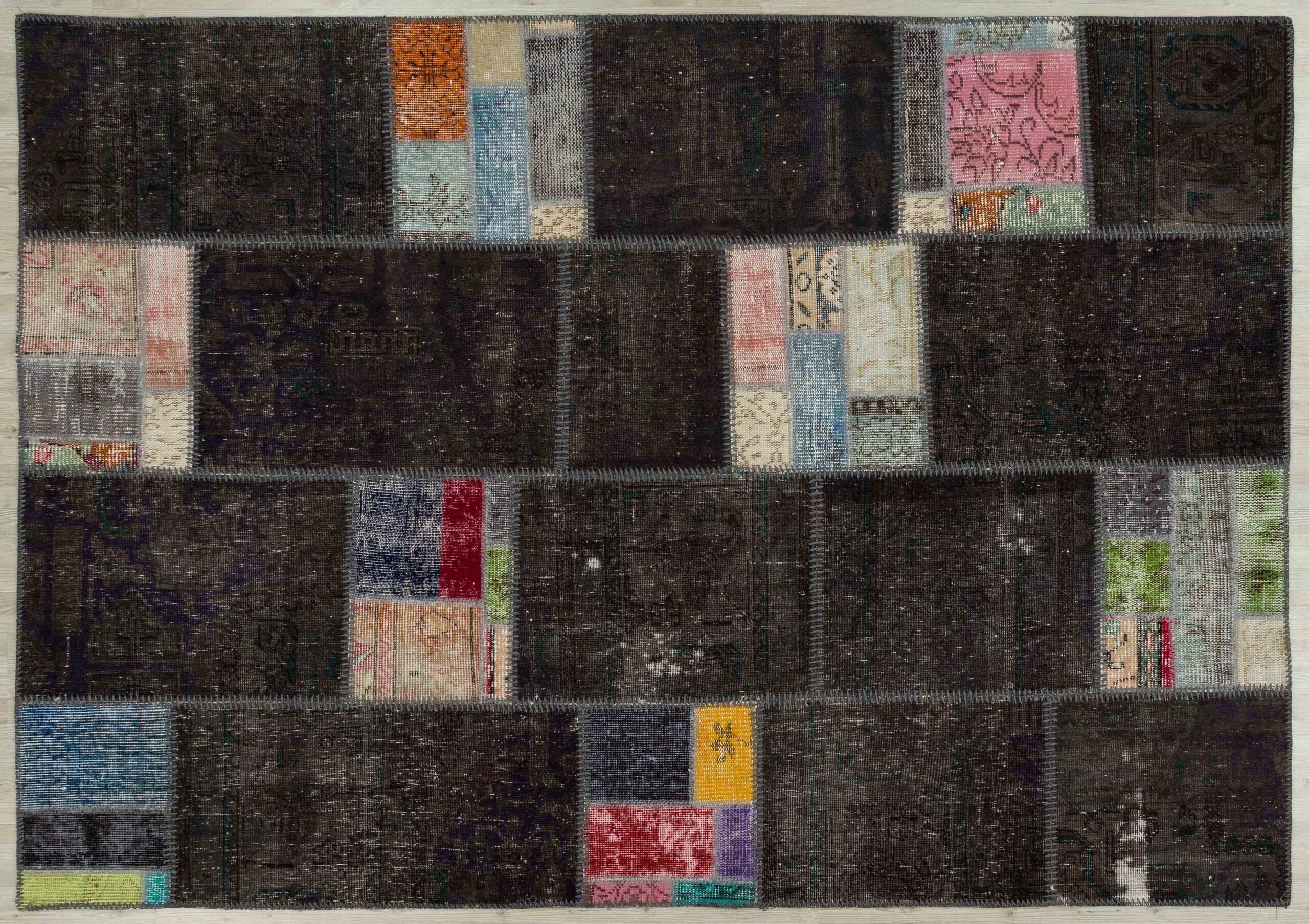 Classic Modern Hand-Woven Patchwork Rug with a Distressed Look, vintage rug, Handmade, hand-knotted wool & silk, size 160 × 230 cm, from Milas