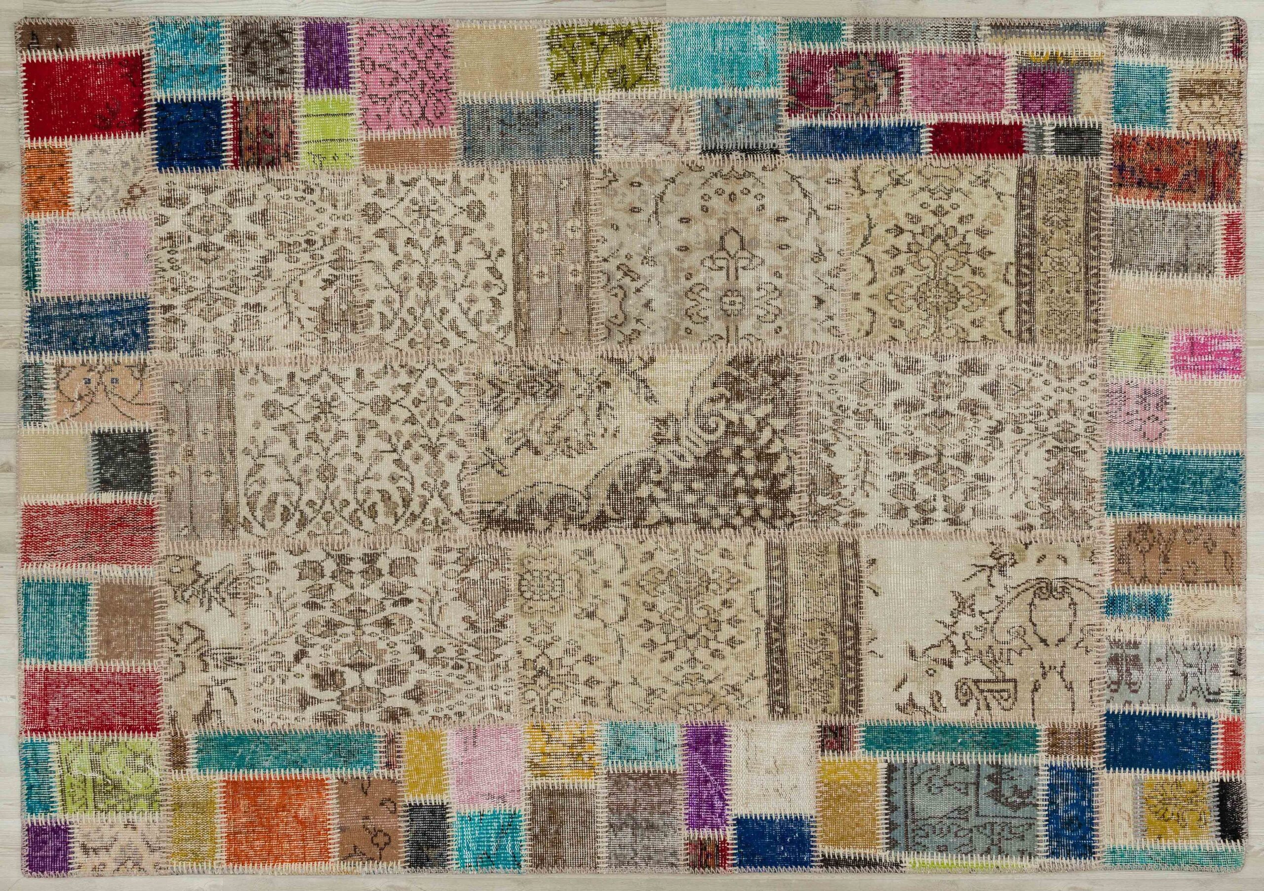 Hand-Woven, Distressed, Custom Patchwork Rug, vintage rug, Handmade, hand-knotted wool & silk, size 160 × 230 cm, from Demirci