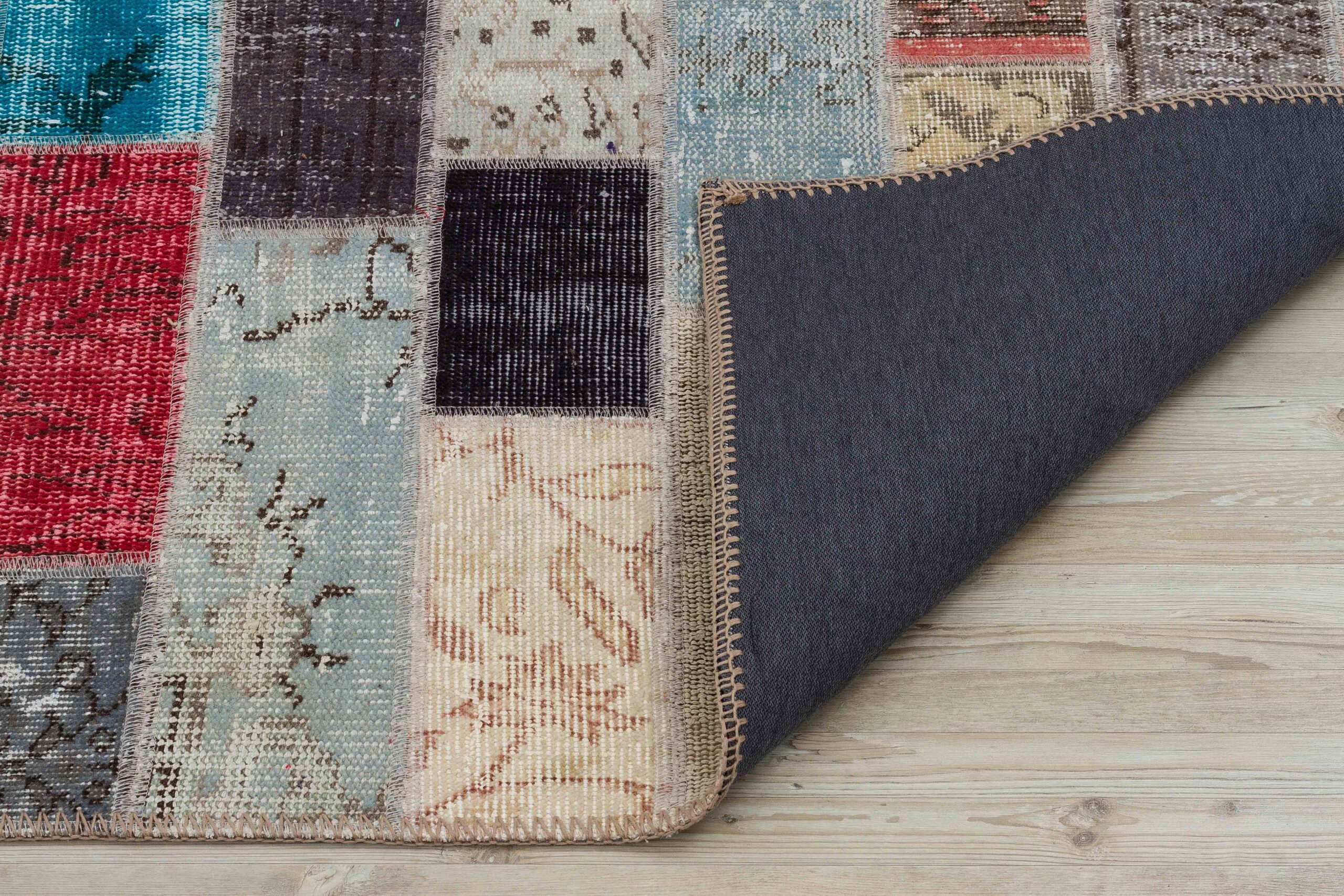 Handwoven Patchwork Rug with a Distressed Look in a Variety of Colors to Decorate Your Home — detail view 3, handmade vintage rug
