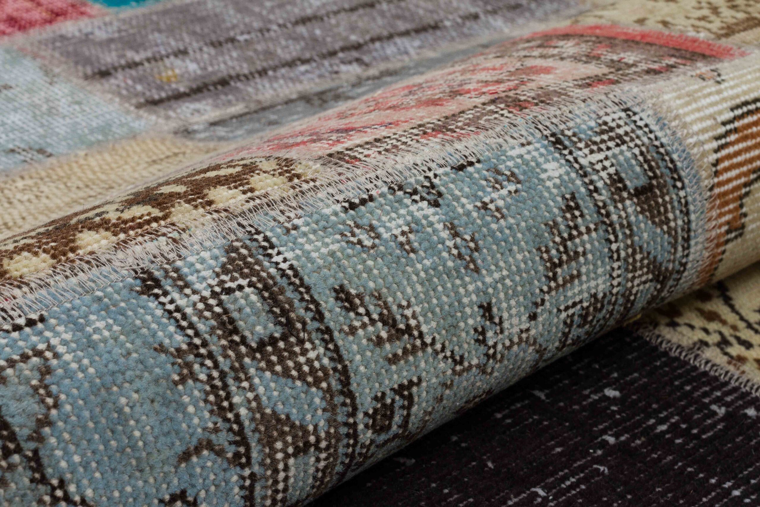 Handwoven Patchwork Rug with a Distressed Look in a Variety of Colors to Decorate Your Home — detail view 4, handmade vintage rug