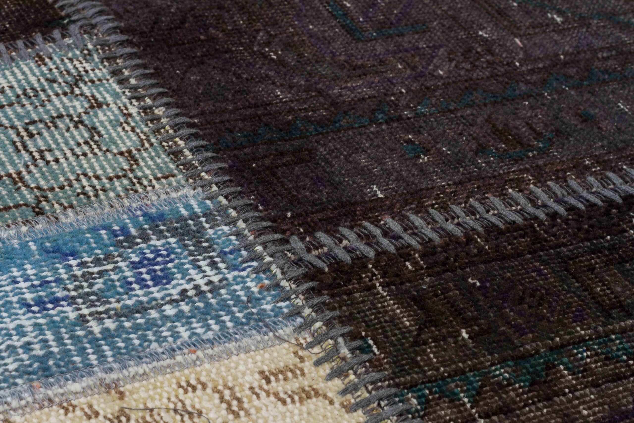 Classic Modern Hand-Woven Patchwork Rug with a Distressed Look — detail view 4, handmade vintage rug