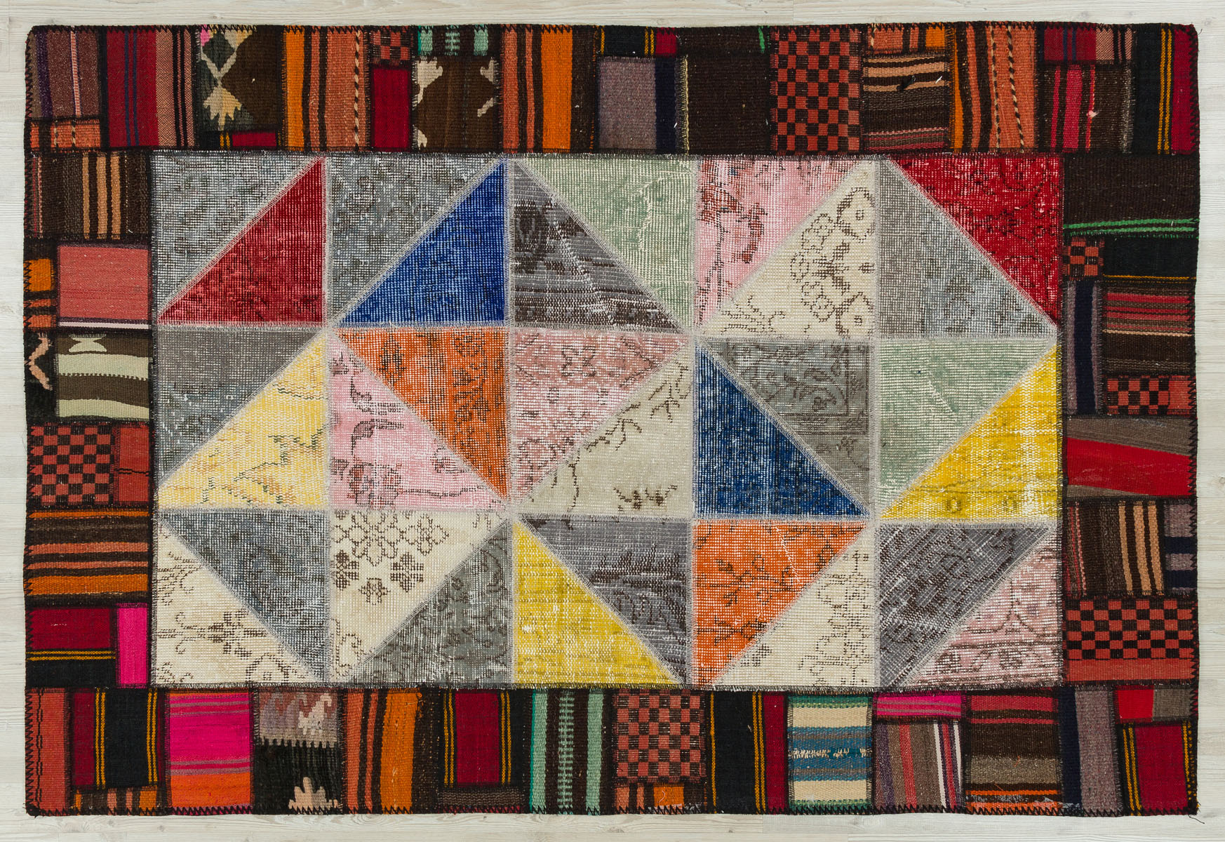 Hand-Woven, Distressed, Custom Patchwork Rug, vintage rug, Handmade, hand-knotted wool & silk, size 120 × 180 cm, from Anatolia