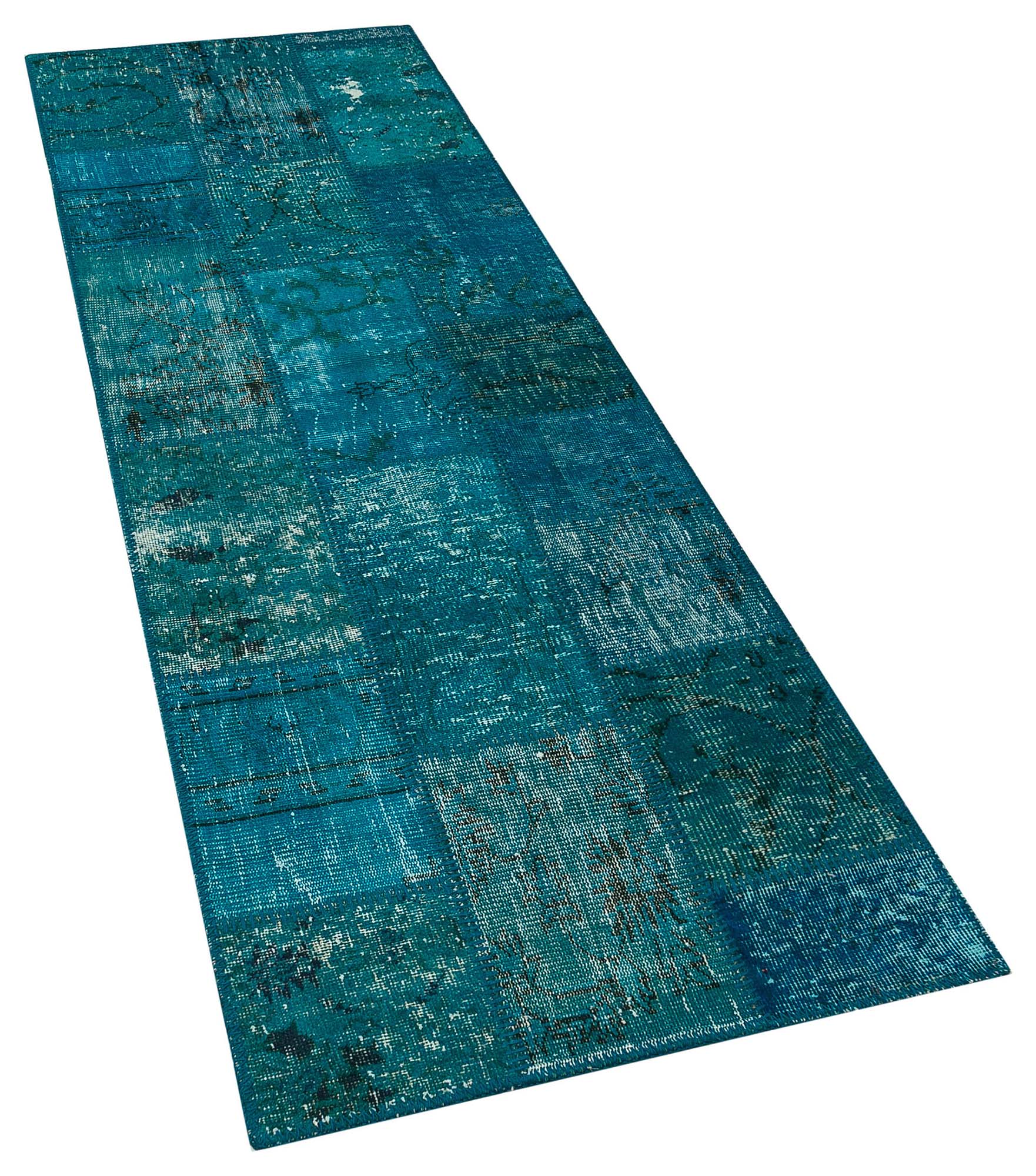 Handmade Patchwork Blue Runner Rug, vintage rug, Handmade, hand-knotted wool & silk, size 80 × 250 cm, from Antalya