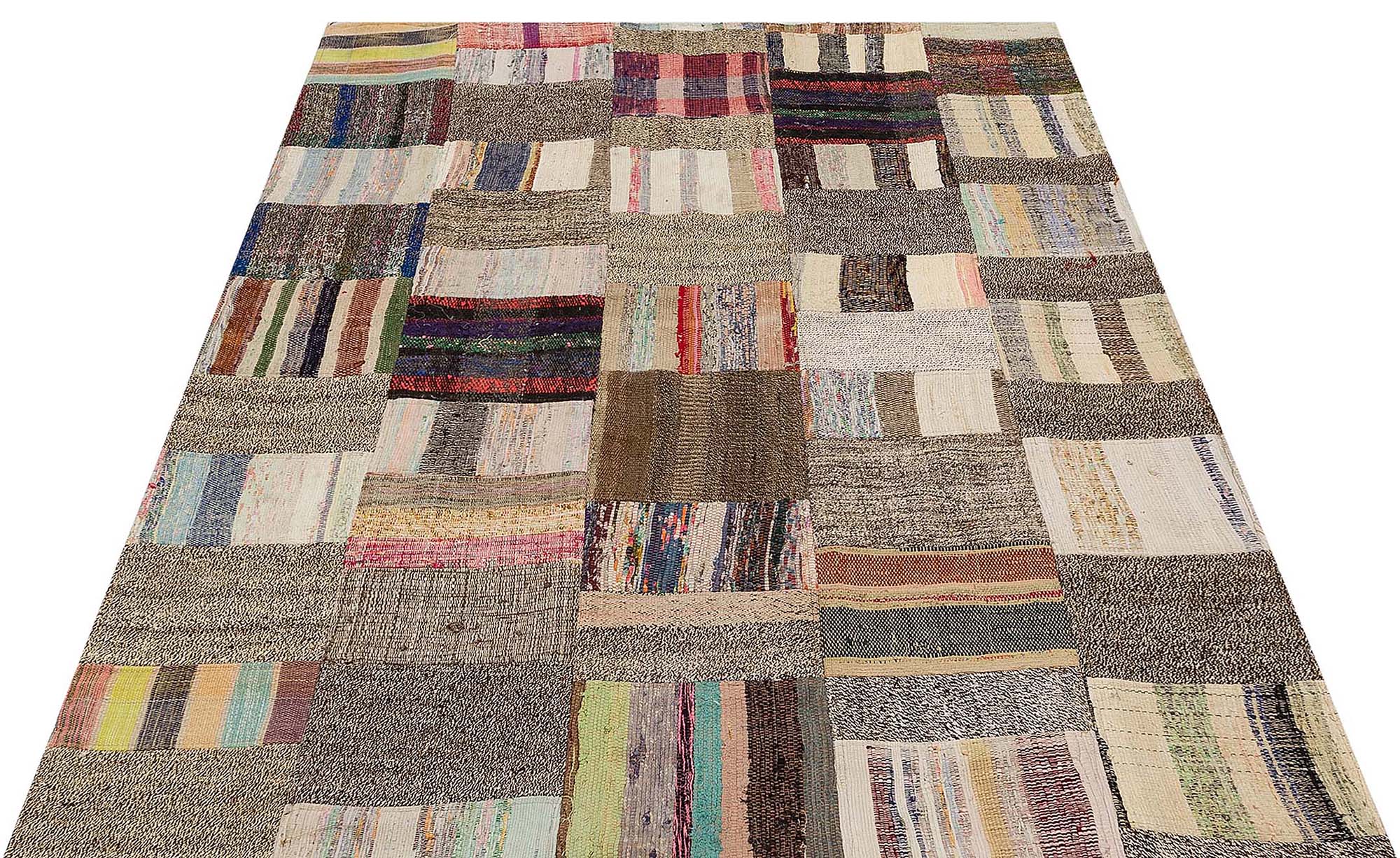 Vintage Patchwork Handwoven Rug, vintage rug, Handmade, hand-knotted wool & cotton, size 145 × 184 cm, from Ladik