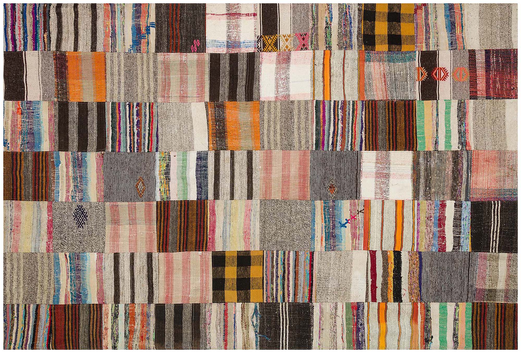 Classic Modern Patchwork Distressed Handwoven Rug — detail view 2, handmade vintage rug