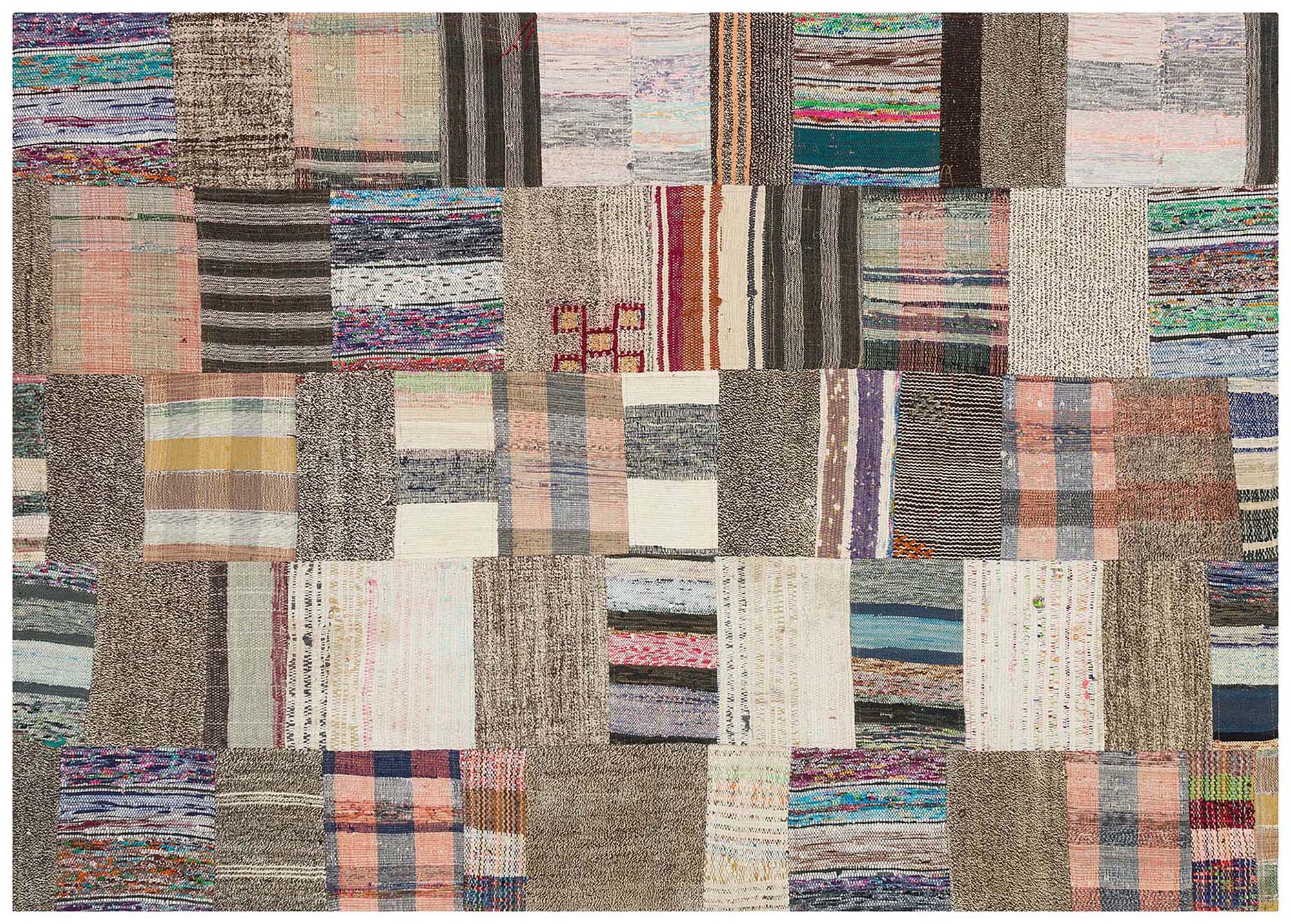 Classic Modern Patchwork Distressed Hand-Woven Rug — detail view 3, handmade vintage rug