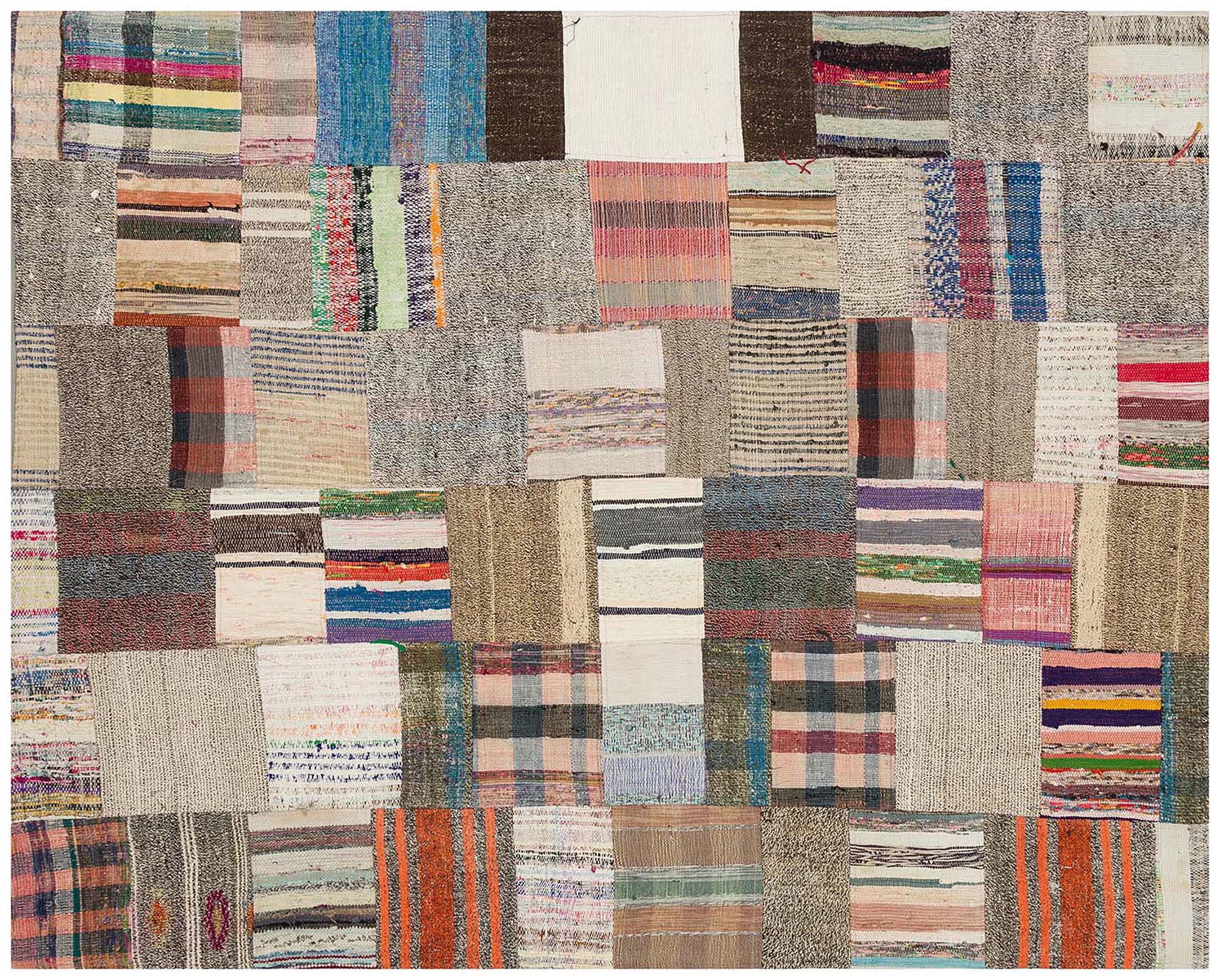 Classic Modern Patchwork Distressed Hand-Woven Rug — detail view 3, handmade vintage rug
