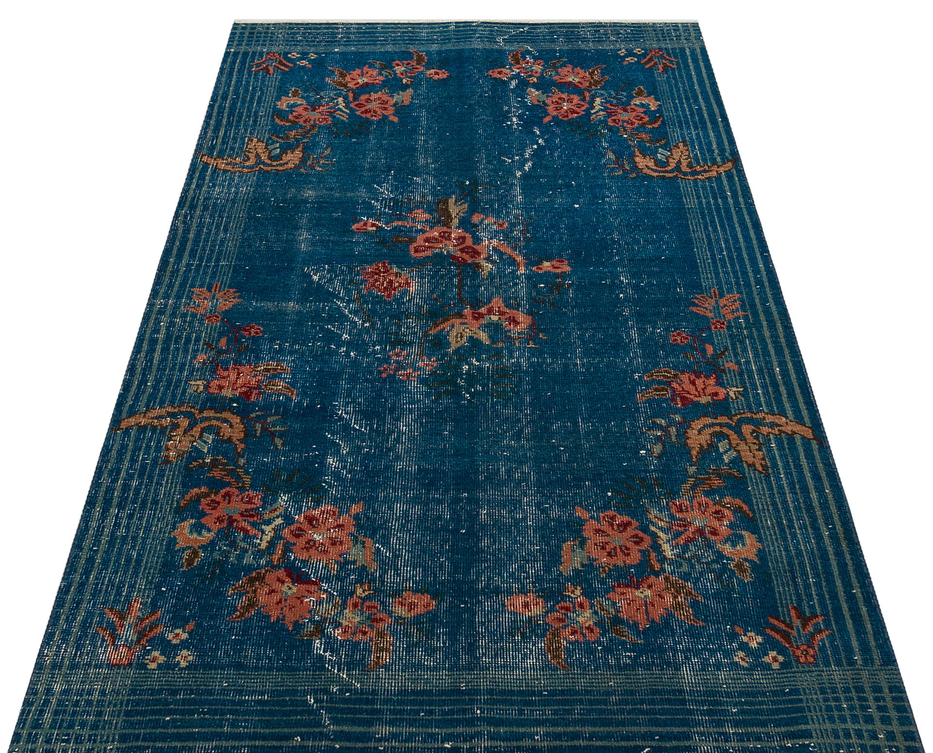 Anatolian Vintage Distressed Hand-Woven Rug in Unique Colors and Patterns, vintage rug, Handmade, hand-knotted wool, cotton & silk, size 112 × 195 cm, from Milas
