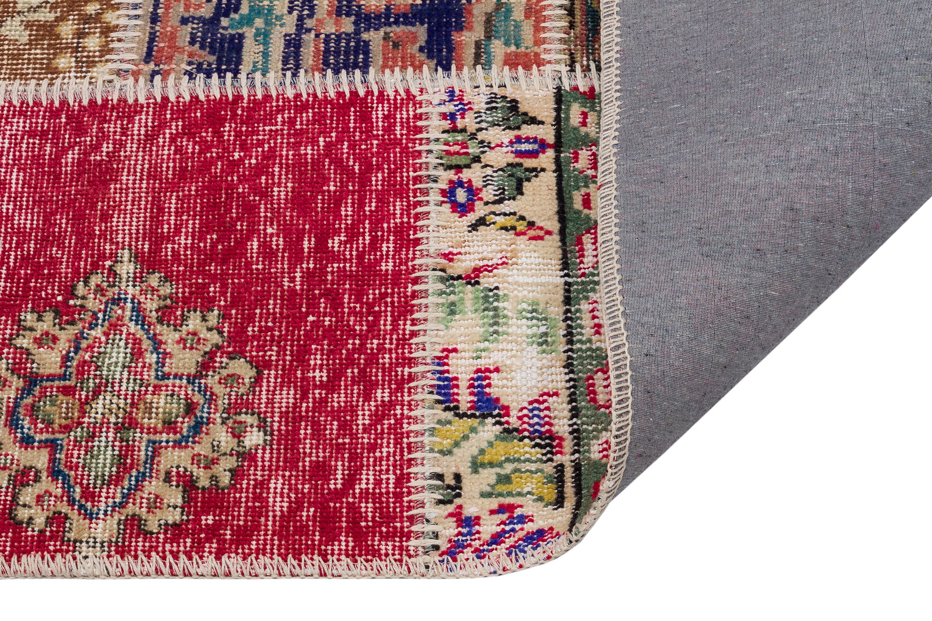 Classic Modern Patchwork Distressed Handwoven Rug — detail view 3, handmade vintage rug