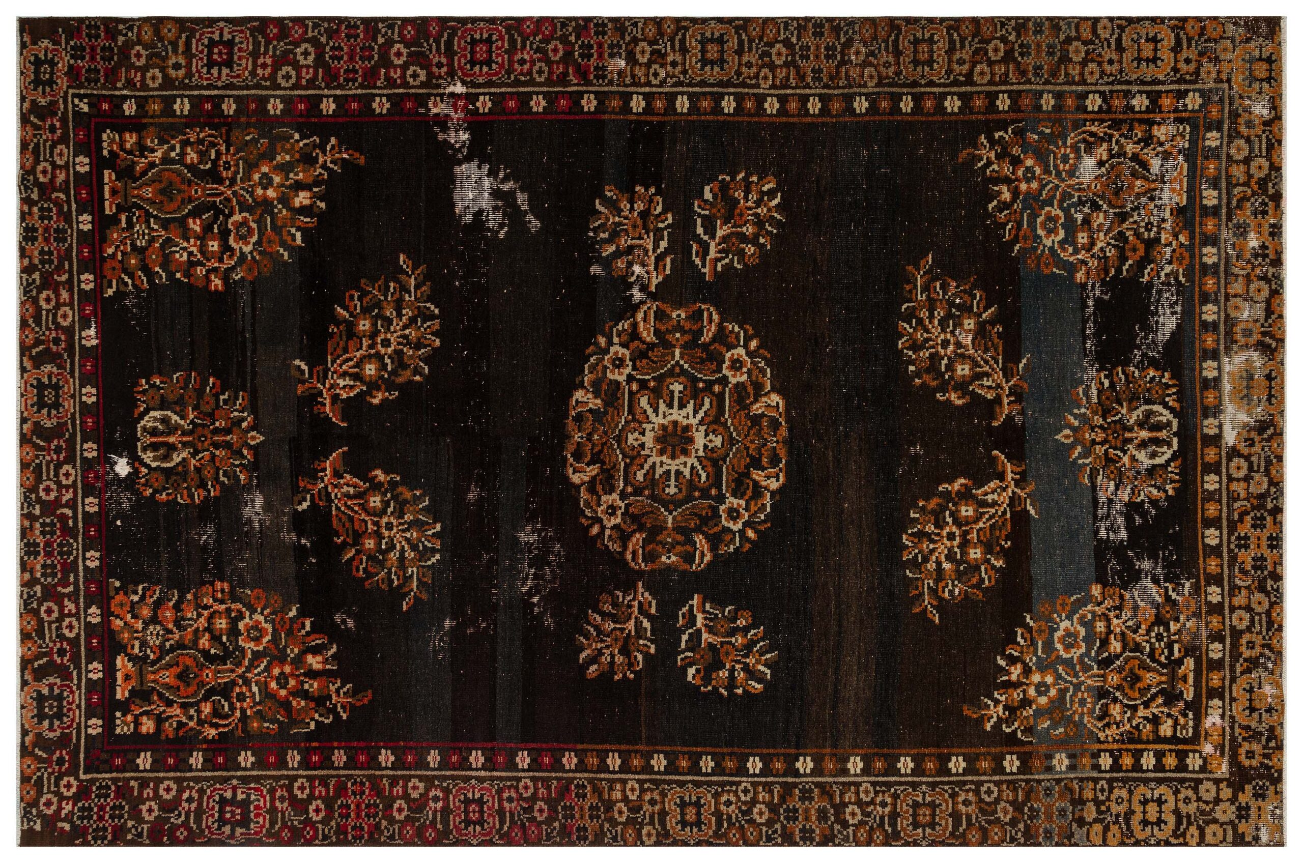 Unique Anatolian Vintage Distressed Handwoven Rug | Brown — detail view 3, handmade vintage rug
