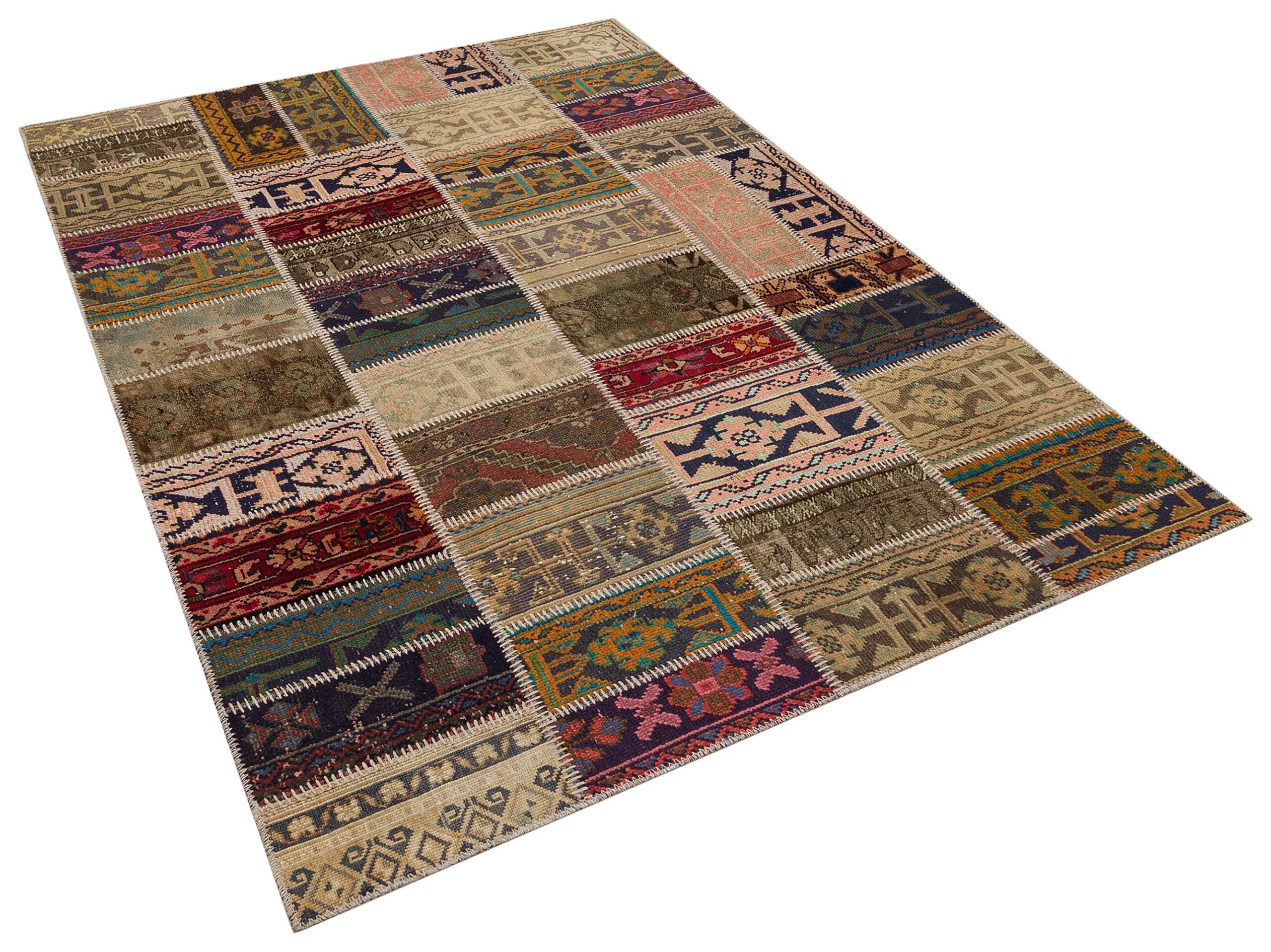Patchwork Rug Woven with Eye-Catching Colors, vintage rug, Handmade, hand-knotted wool, cotton & silk, size 230 × 160 cm, from Van