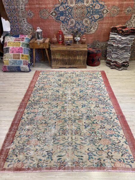 Timeless Turkish Handcrafted Distressed Vintage Rug, vintage rug, Handmade, hand-knotted wool & cotton, size 170 × 240 cm, from Gaziantep