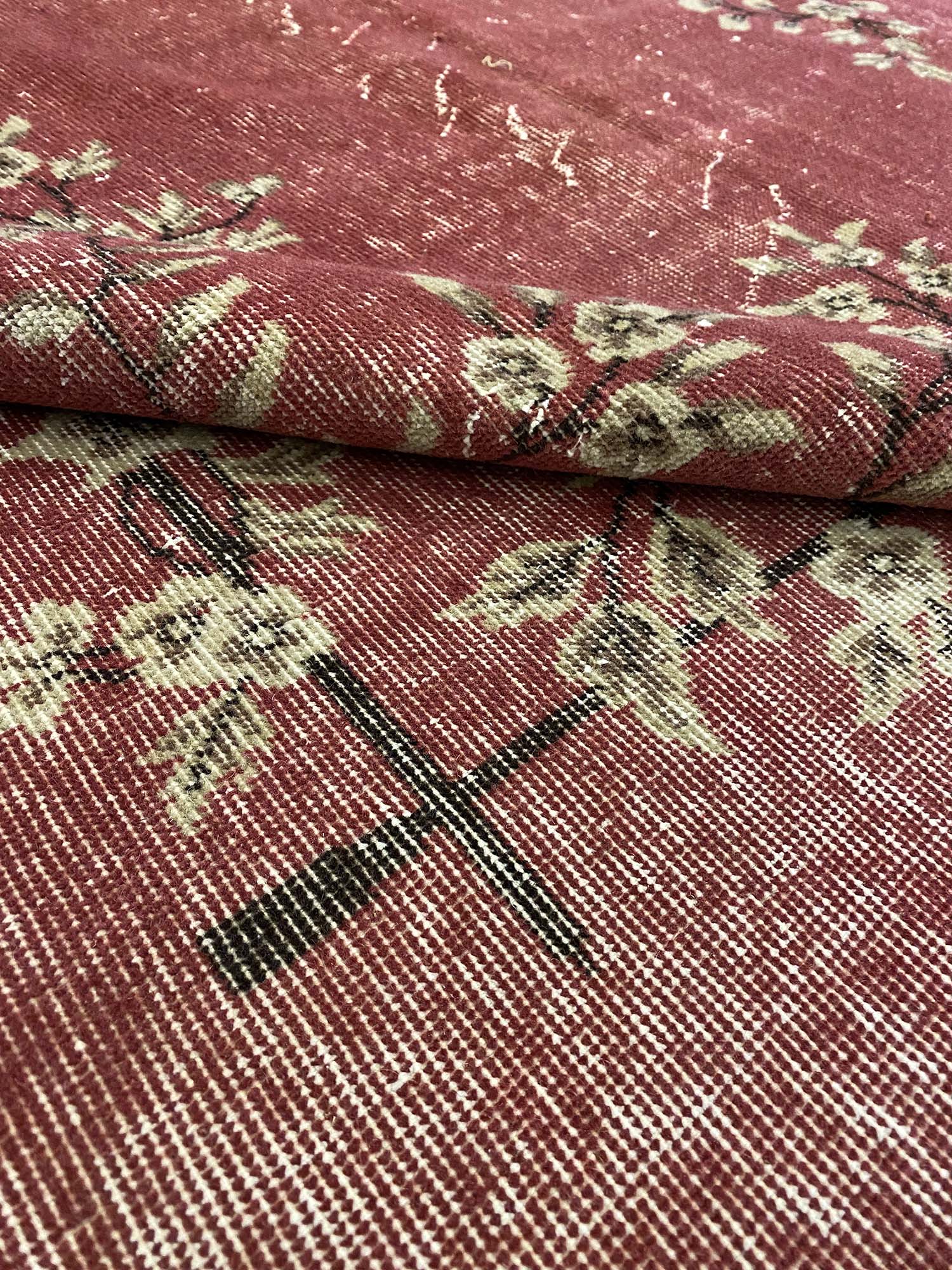 Enchanting Wool Weave Distressed Vintage Rug — detail view 3, handmade vintage rug
