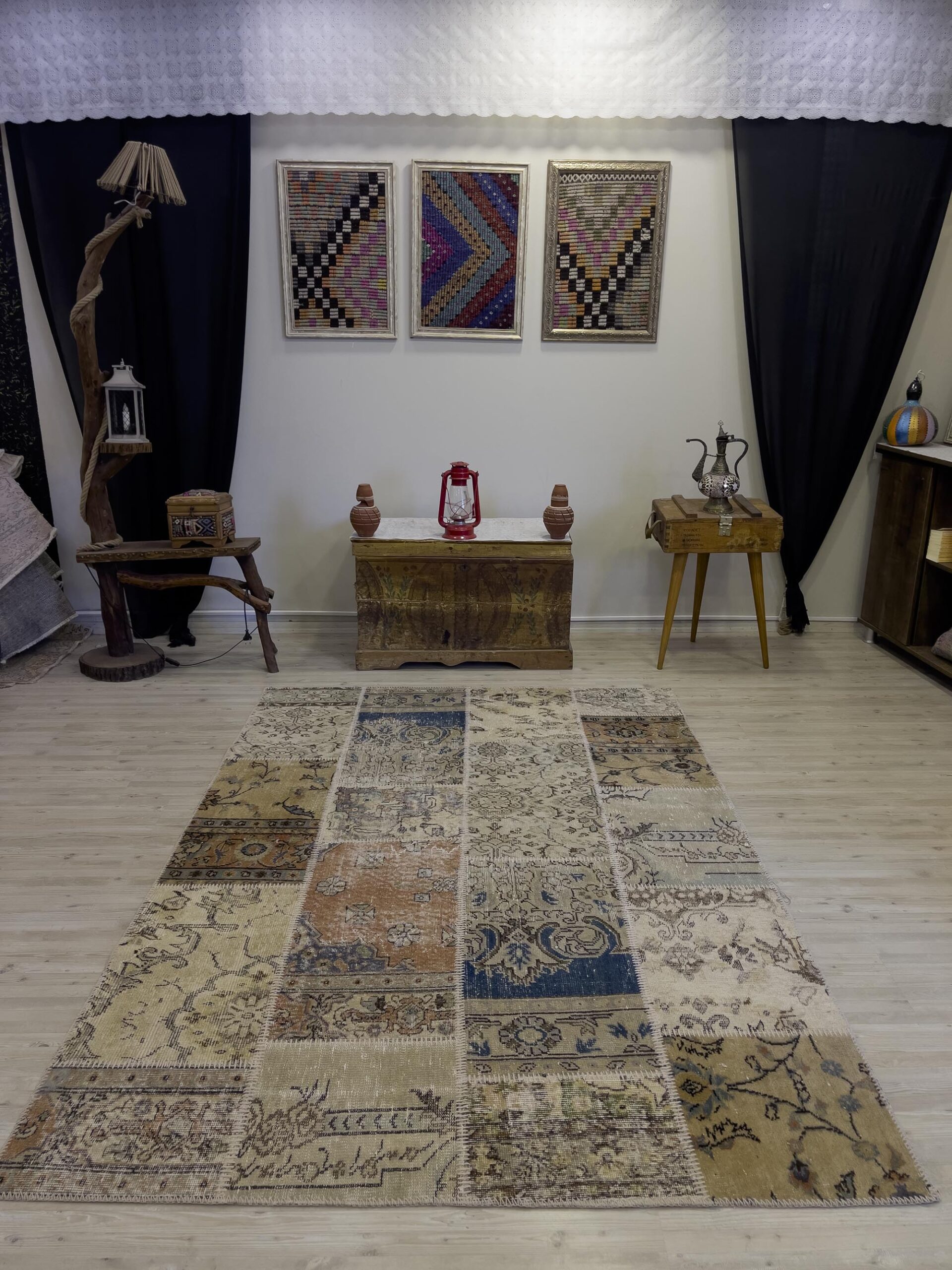 Hand-Woven Distressed Special Patchwork Rug — detail view 3, handmade vintage rug