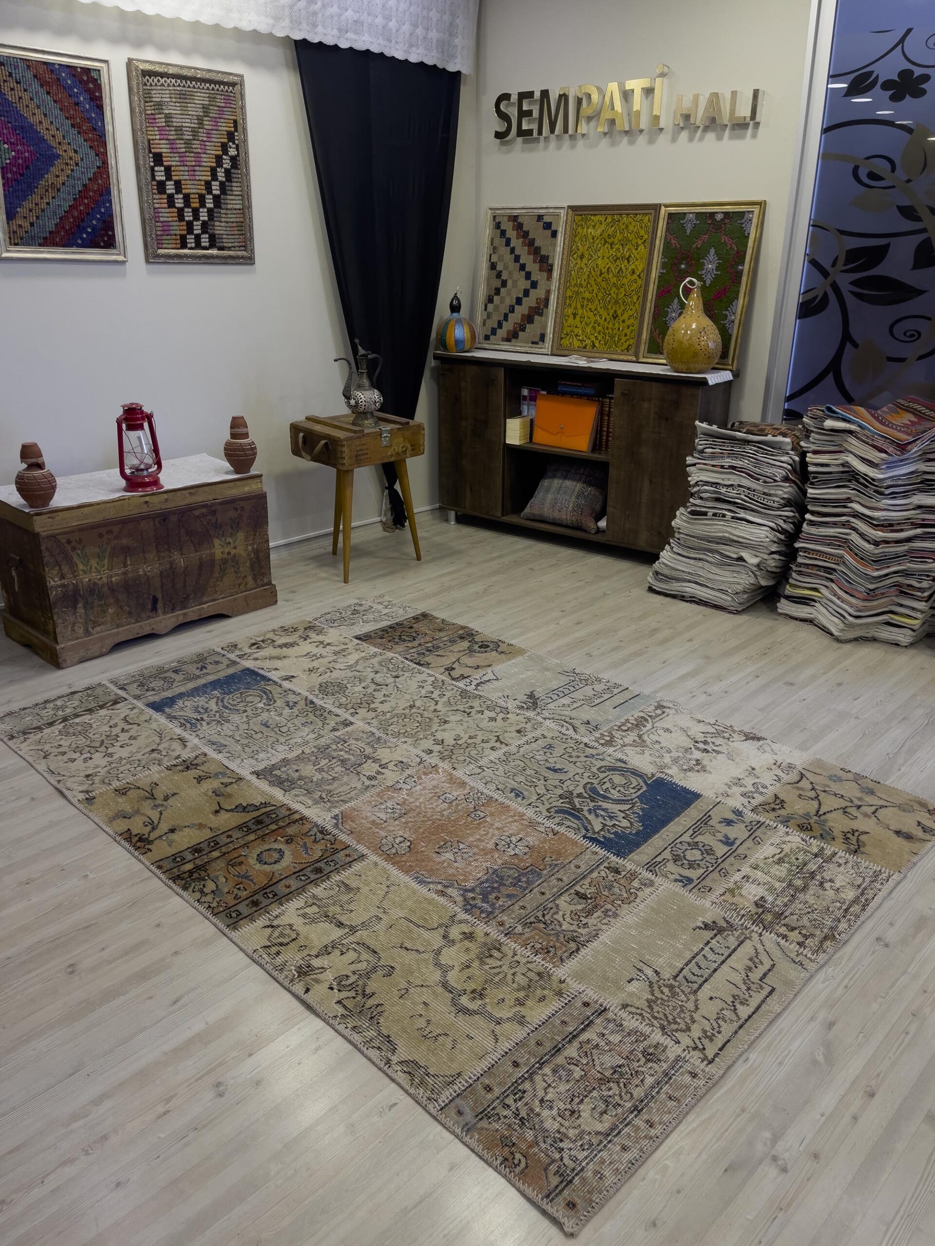Hand-Woven Distressed Special Patchwork Rug — detail view 4, handmade vintage rug