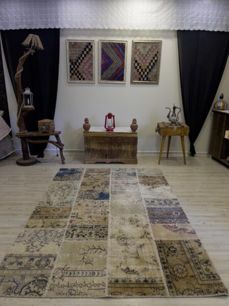 Unique Classic-Style Handmade Patchwork Rug, vintage rug, Handmade, hand-knotted cotton, size 161 × 232 cm, from Cappadocia