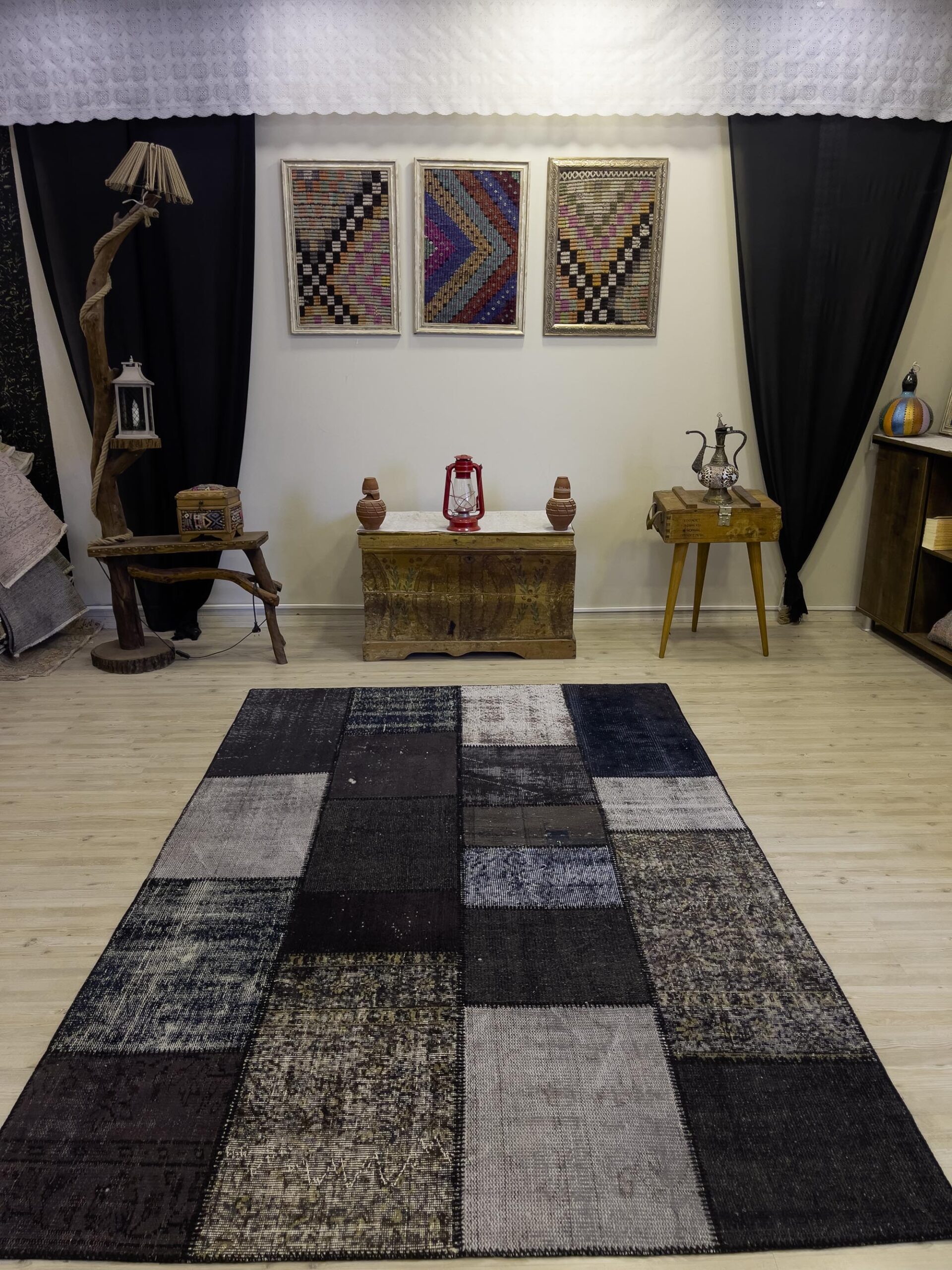 Hand-Woven Distressed Special Patchwork Rug — detail view 3, handmade vintage rug
