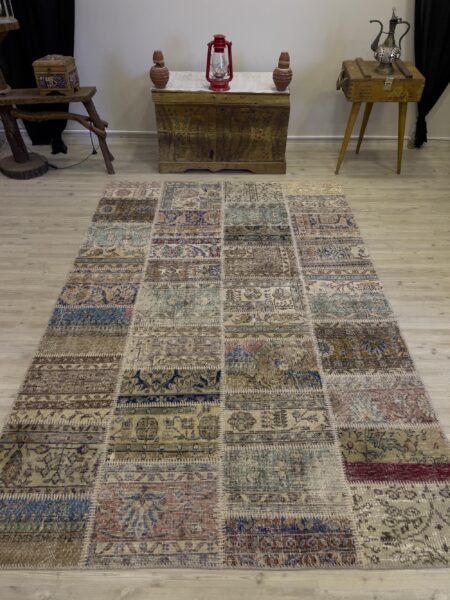 Modern, One-of-a-Kind Custom Patchwork Rug, vintage rug, Handmade, hand-knotted wool & cotton, size 162 × 243 cm, from Oushak