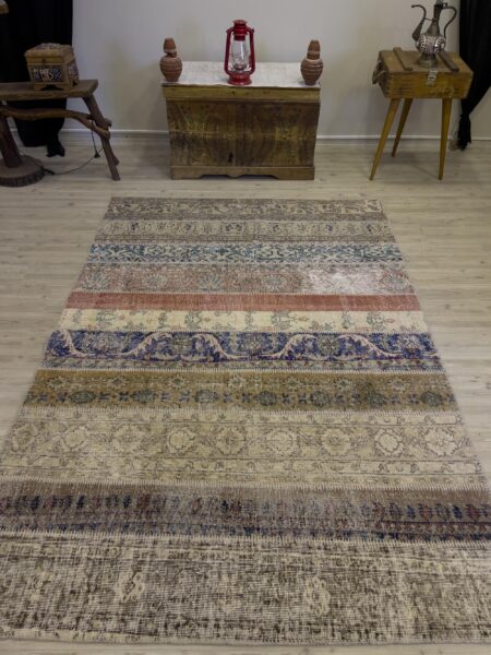 Unique Handwoven Patchwork Rug, vintage rug, Handmade, hand-knotted wool & cotton, size 161 × 232 cm, from Bergama