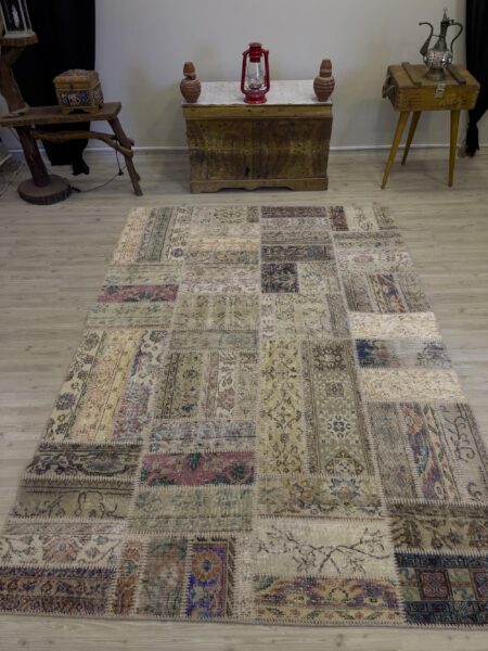 Handmade Patchwork Elegant Design Rug, vintage rug, Handmade, hand-knotted wool, cotton & silk, size 146 × 234 cm, from Manisa