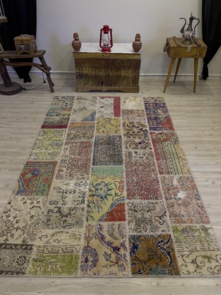 Hand-Woven Distressed Special Patchwork Rug, vintage rug, Handmade, hand-knotted silk, size 153 × 231 cm, from Isparta
