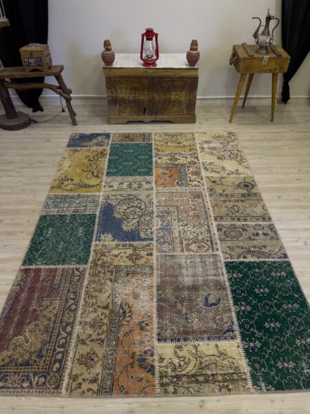 A Unique and Beautiful Custom Patchwork Rug, vintage rug, Handmade, hand-knotted cotton, size 162 × 235 cm, from Antalya