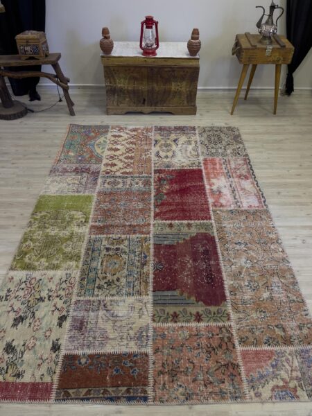 Modern, One-of-a-Kind Custom Patchwork Rug, vintage rug, Handmade, hand-knotted wool, size 163 × 233 cm, from Gördes