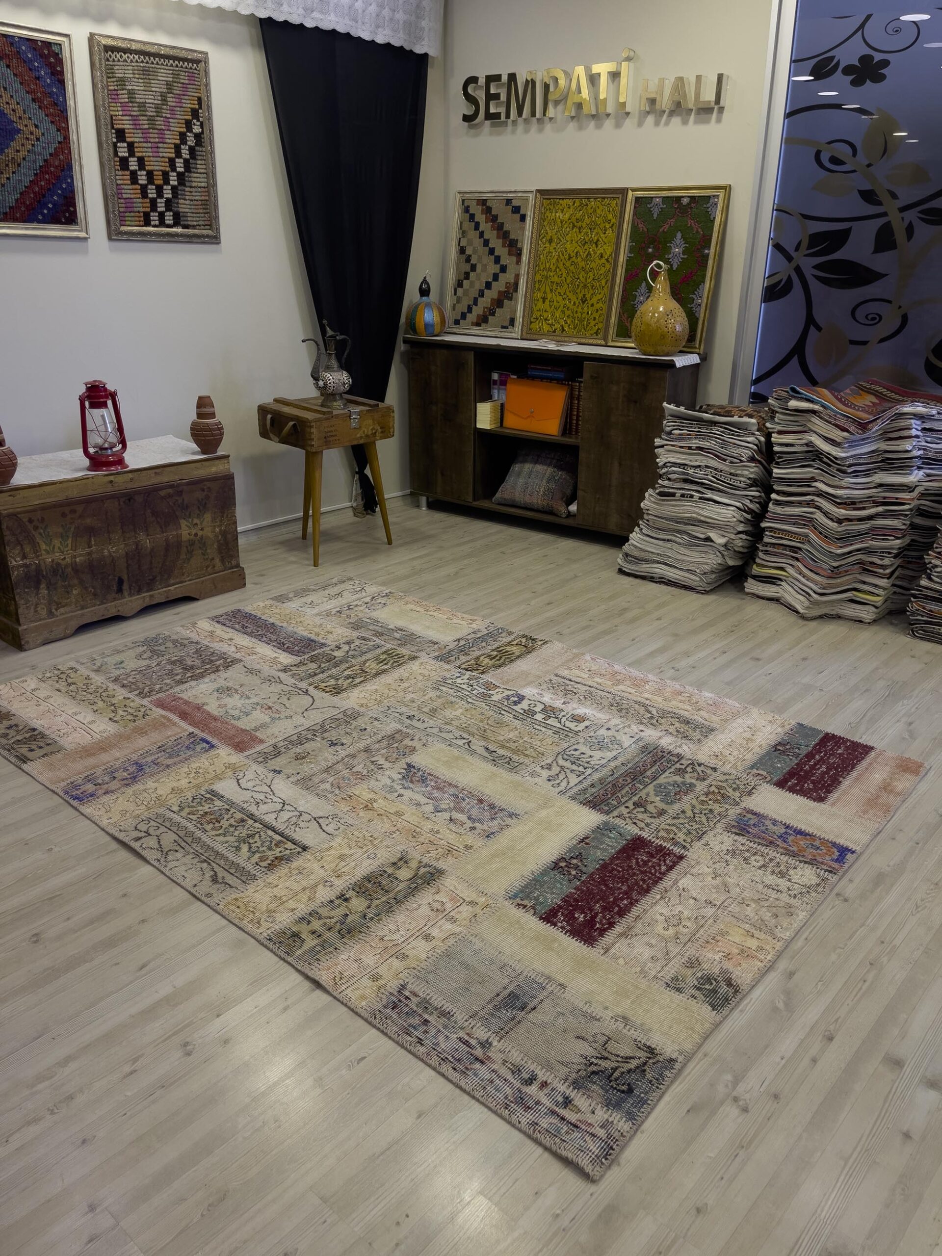 Hand-Woven Distressed Special Patchwork Rug — detail view 5, handmade vintage rug