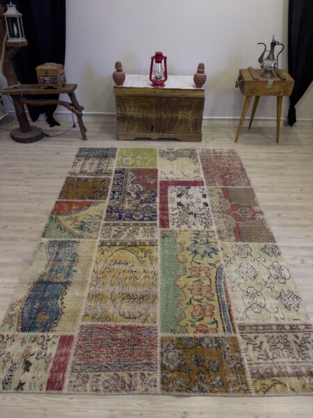 A Unique and Beautiful Handmade Patchwork Rug, vintage rug, Handmade, hand-knotted wool & silk, size 162 × 234 cm, from Gördes