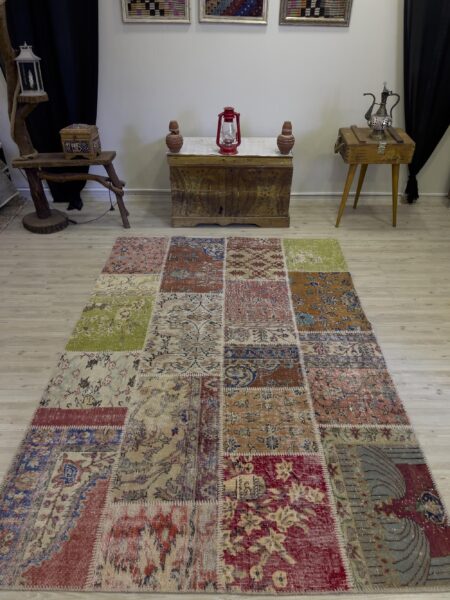 Hand-Woven, Distressed, Custom Patchwork Rug, vintage rug, Handmade, hand-knotted wool, cotton & silk, size 163 × 235 cm, from Van