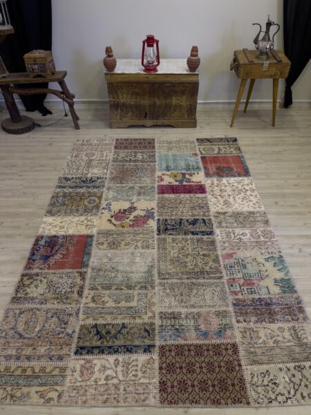 Unique Hand-Woven Patchwork Rug, vintage rug, Handmade, hand-knotted wool & silk, size 161 × 235 cm, from Hereke