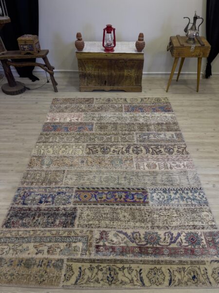 Hand-Woven Distressed Special Patchwork Rug, vintage rug, Handmade, hand-knotted wool & silk, size 161 × 234 cm, from Hereke