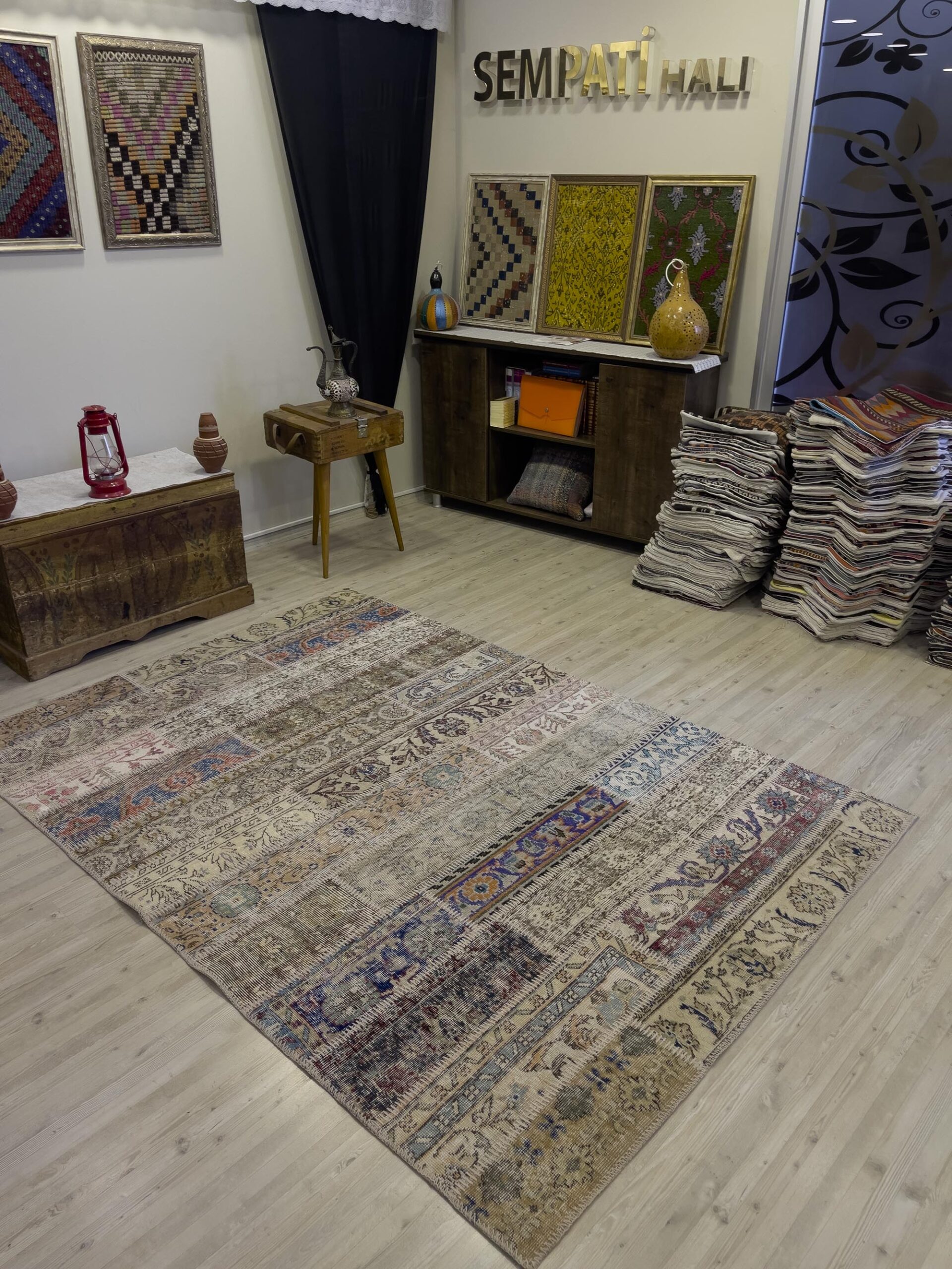 Hand-Woven Distressed Special Patchwork Rug — detail view 5, handmade vintage rug