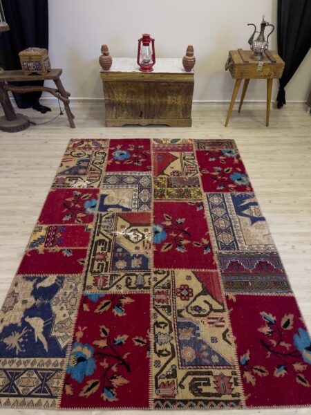 Hand-Woven Distressed Special Patchwork Rug, Handmade rug, wool wool/weave, size 162 × 237 cm, from Gaziantep, SKU 4067