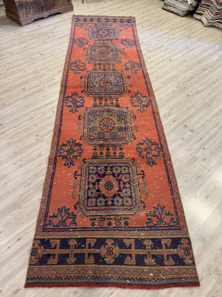 Distressed Handwoven Vintage Runner Rug, Handmade rug, wool wool/weave, size 91 × 348 cm, from Demirci, SKU 10456