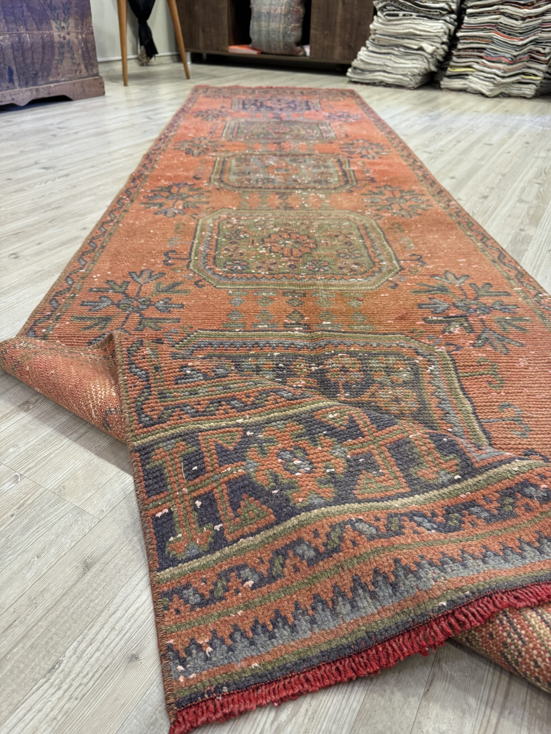 Distressed Handwoven Vintage Runner Rug — detail view 3, handmade vintage rug
