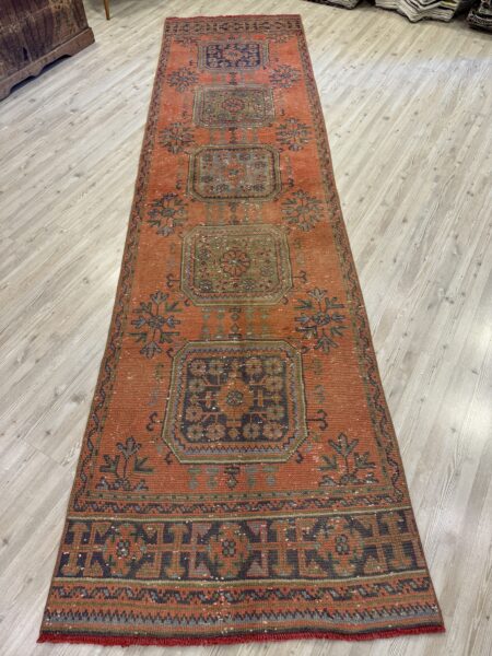 Distressed Handwoven Vintage Runner Rug, vintage rug, Handmade, hand-knotted wool & cotton, size 90 × 345 cm, from Bergama