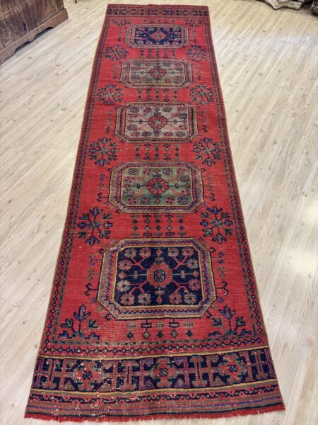 Distressed Handwoven Vintage Runner Rug, vintage rug, Handmade, hand-knotted cotton, size 101 × 345 cm, from Demirci