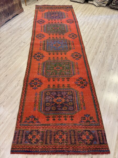 Distressed Handwoven Vintage Runner Rug, vintage rug, Handmade, hand-knotted wool & silk, size 104 × 350 cm, from Gördes