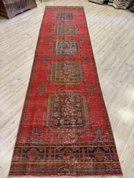 Distressed Hand-Woven Vintage Runner Rug, vintage rug, Handmade, hand-knotted wool & silk, size 99 × 370 cm, from Kars