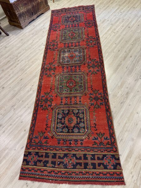 Distressed Hand-Woven Vintage Runner Rug, vintage rug, Handmade, hand-knotted wool & cotton, size 97 × 336 cm, from Demirci
