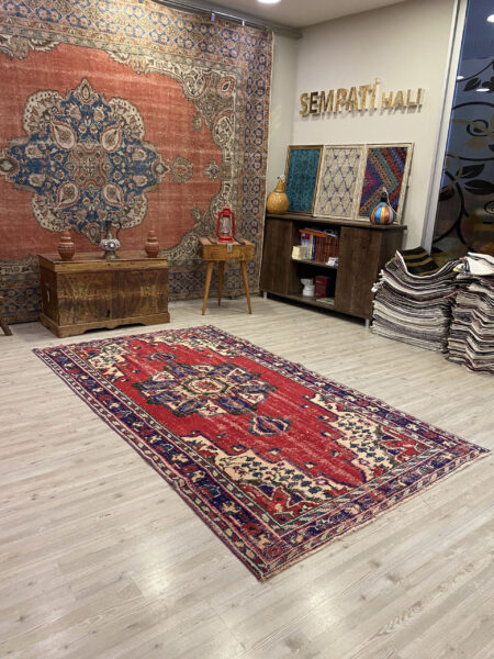 Handwoven Custom-Designed Rug, vintage rug, Handmade, hand-knotted cotton, size 135 × 248 cm, from Ladik