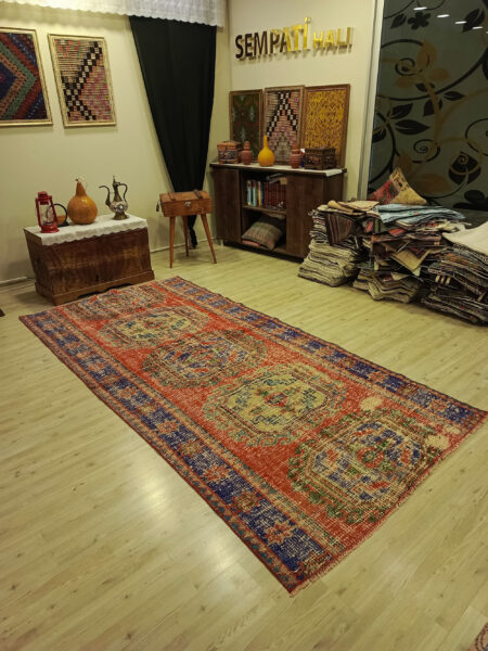 Handmade Distressed Wool Rug, vintage rug, Handmade, hand-knotted wool & silk, size 135 × 287 cm, from Gördes