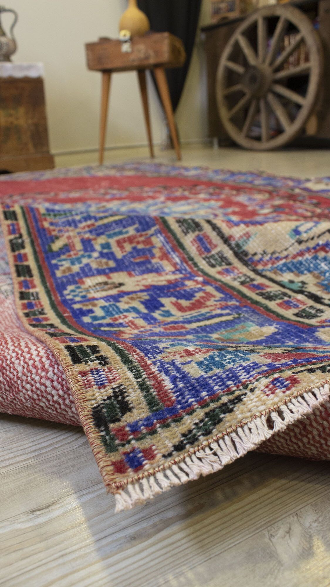 Anatolian-Patterned Distressed Rug — detail view 2, handmade vintage rug
