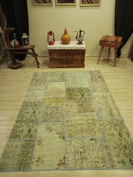 Vintage Handwoven Patchwork Rug, vintage rug, Handmade, hand-knotted silk, size 215 × 160 cm, from Gaziantep