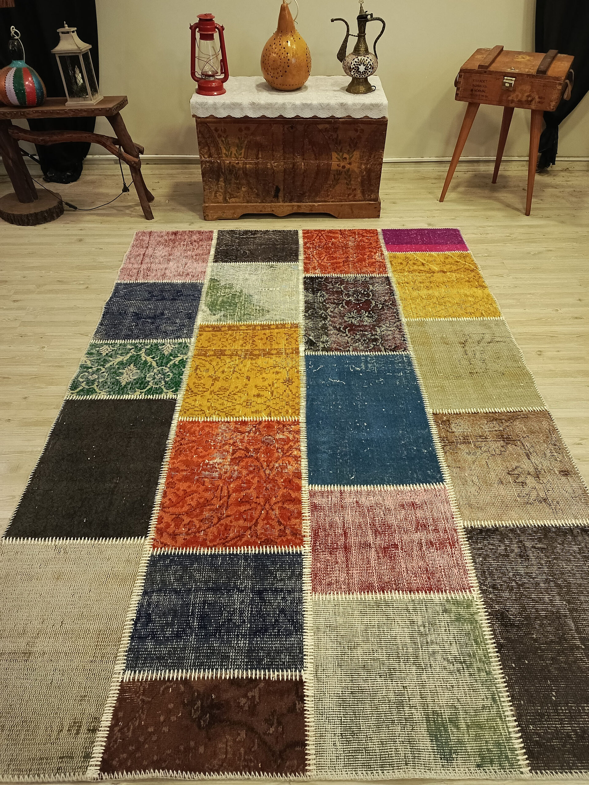 Handcrafted Distressed Patchwork Rug — detail view 5, handmade vintage rug