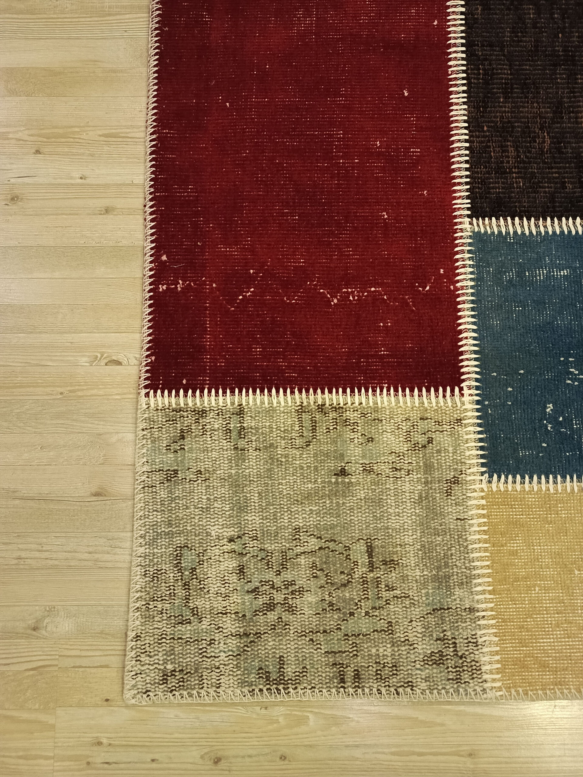 Patchwork Rug in Natural Tones — detail view 2, handmade vintage rug