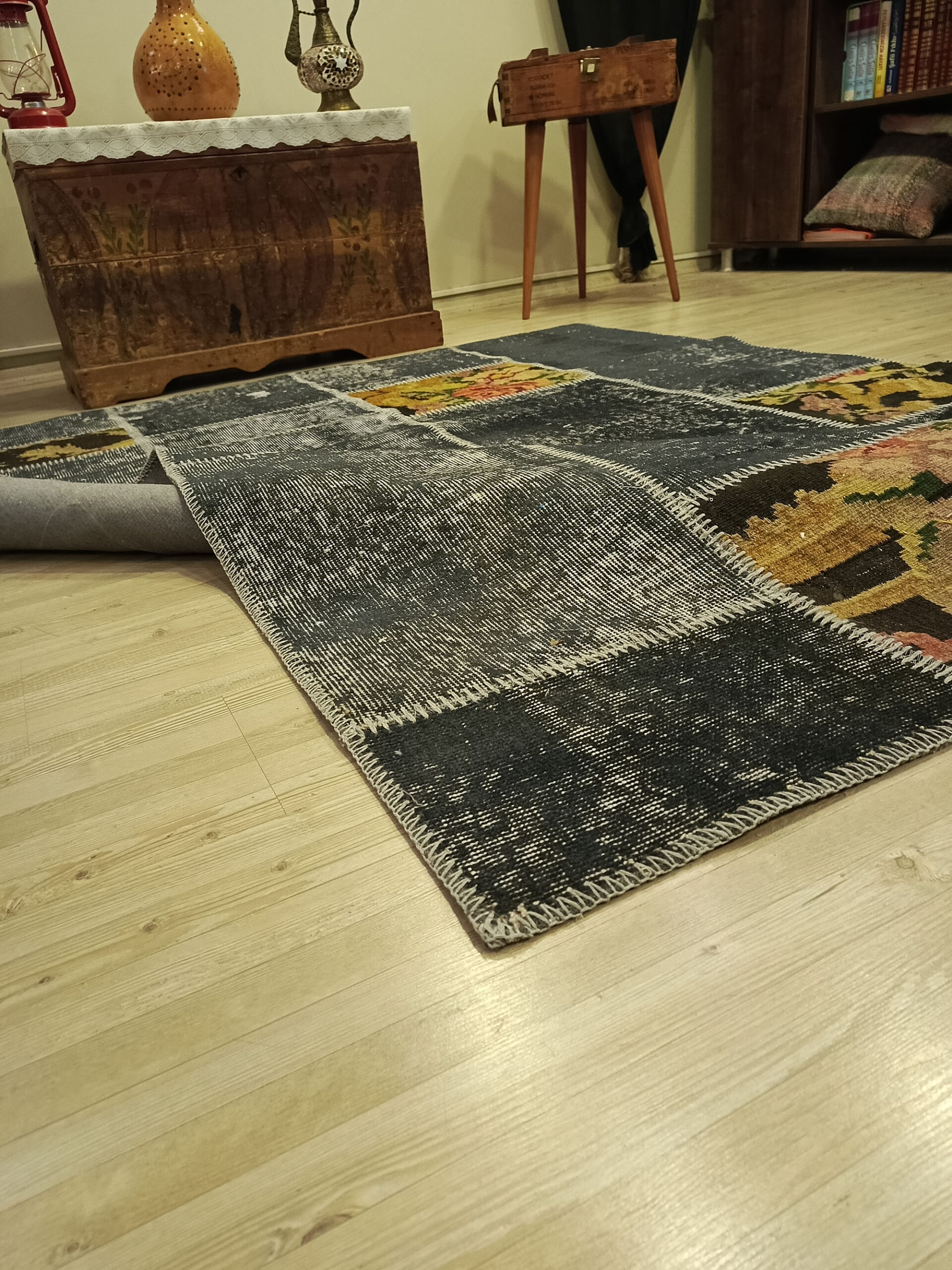 Modern Distressed Patchwork Rug — detail view 4, handmade vintage rug