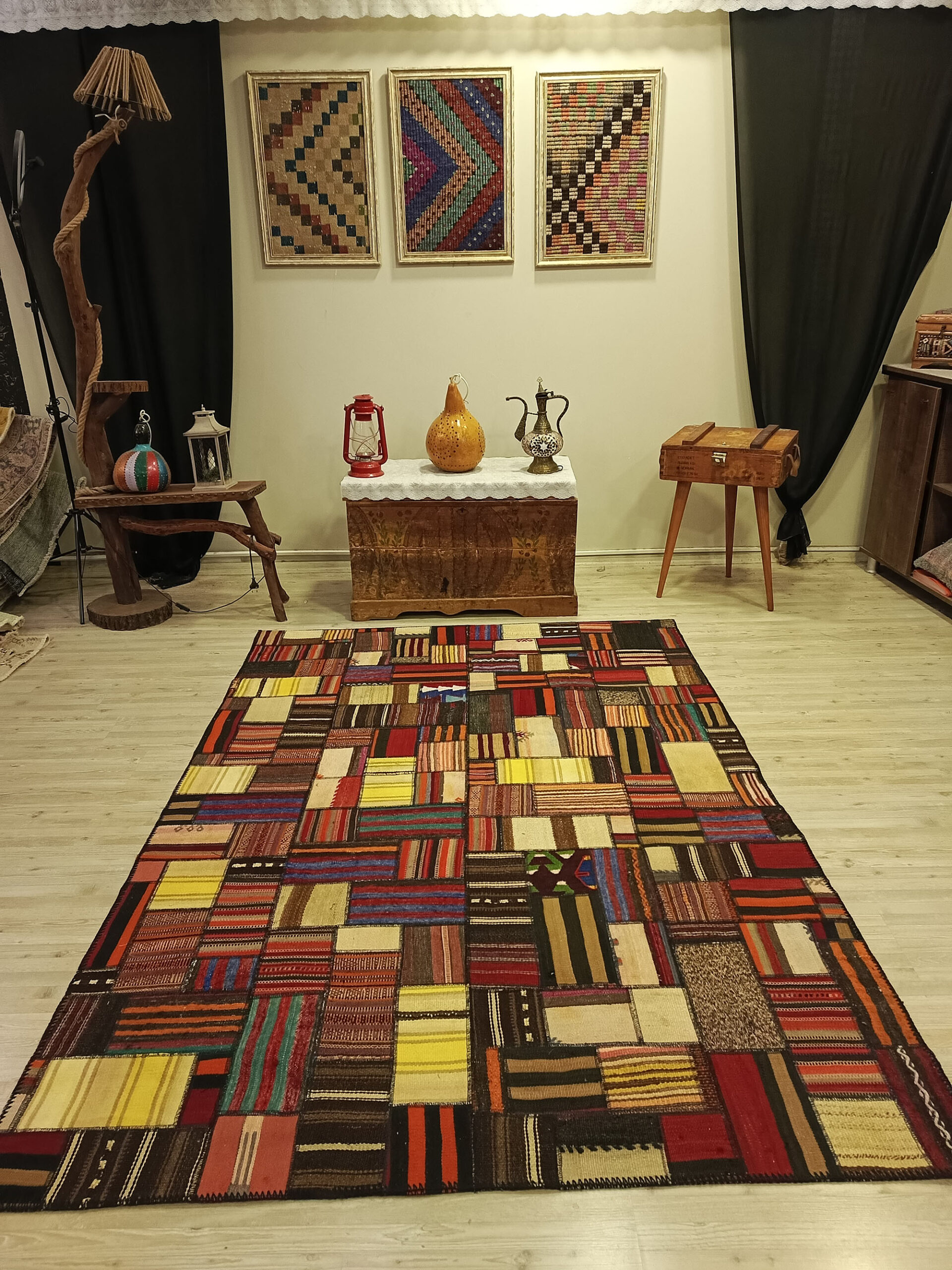 Anatolian Patchwork Rug, Handwoven — detail view 2, handmade vintage rug